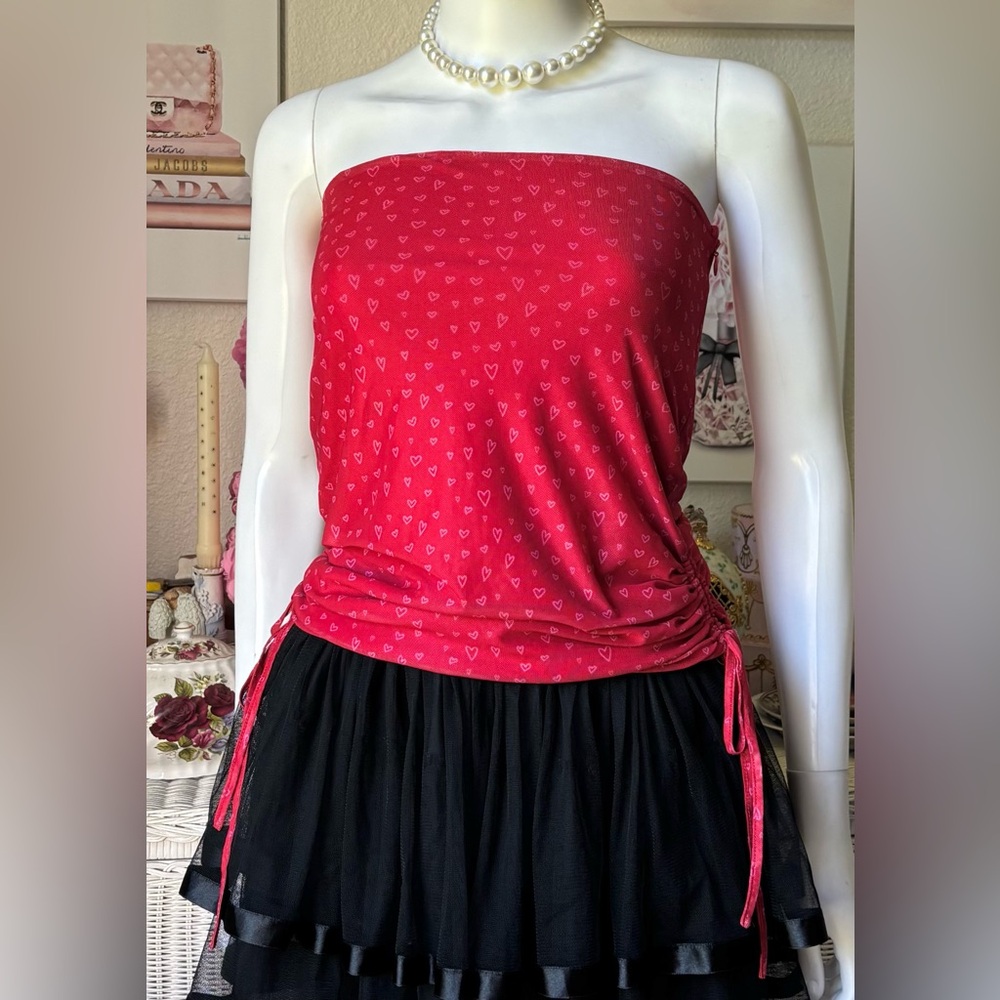 Tiger Mist Ruched Red Pink Hearts Tube Top Adjustable Drawstring Size S